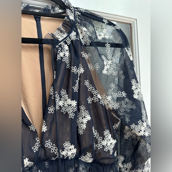 BCBGMAXAZRIA Embroidered Mesh Dress Dark Midnight Blue Floral Ruffle Size XXS - Picture 5 of 16